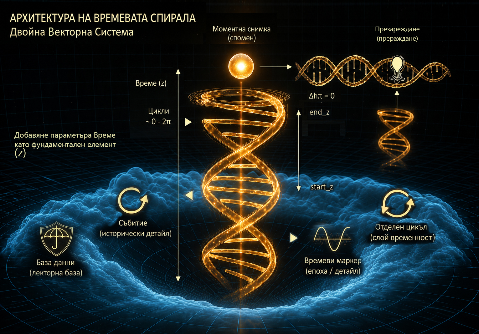 Temporal Spiral Architecture — Dual Vector System diagram